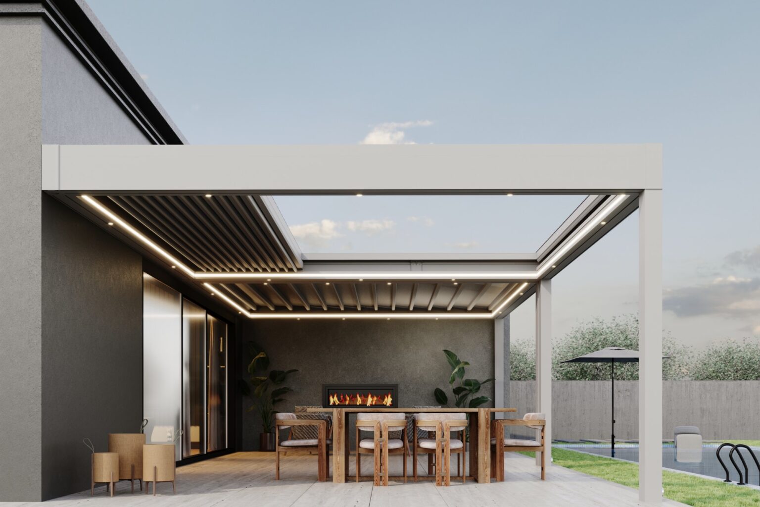 SKY NET Flachpergola am Abend